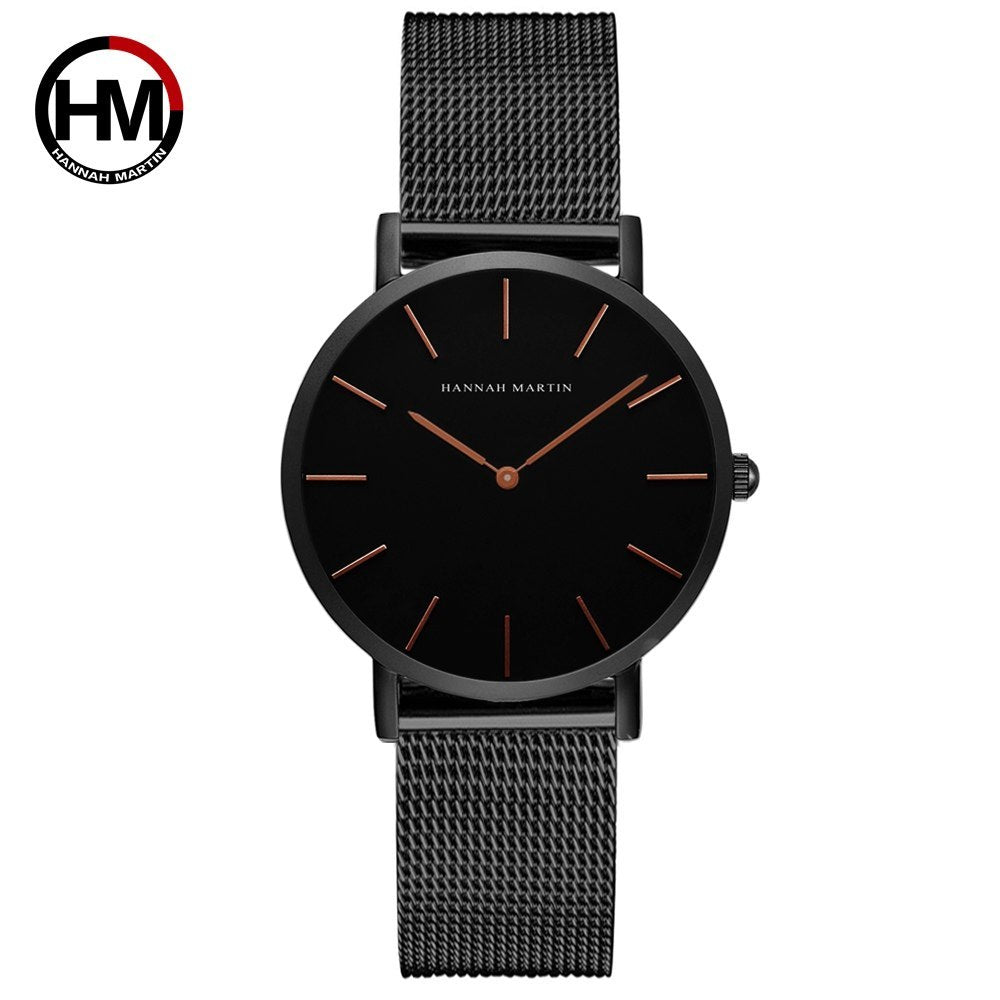 Japan Quartz Movement High Quality 36mm Hannah Martin Women Stainless Steel Mesh Rose Gold Waterproof Ladies Watch