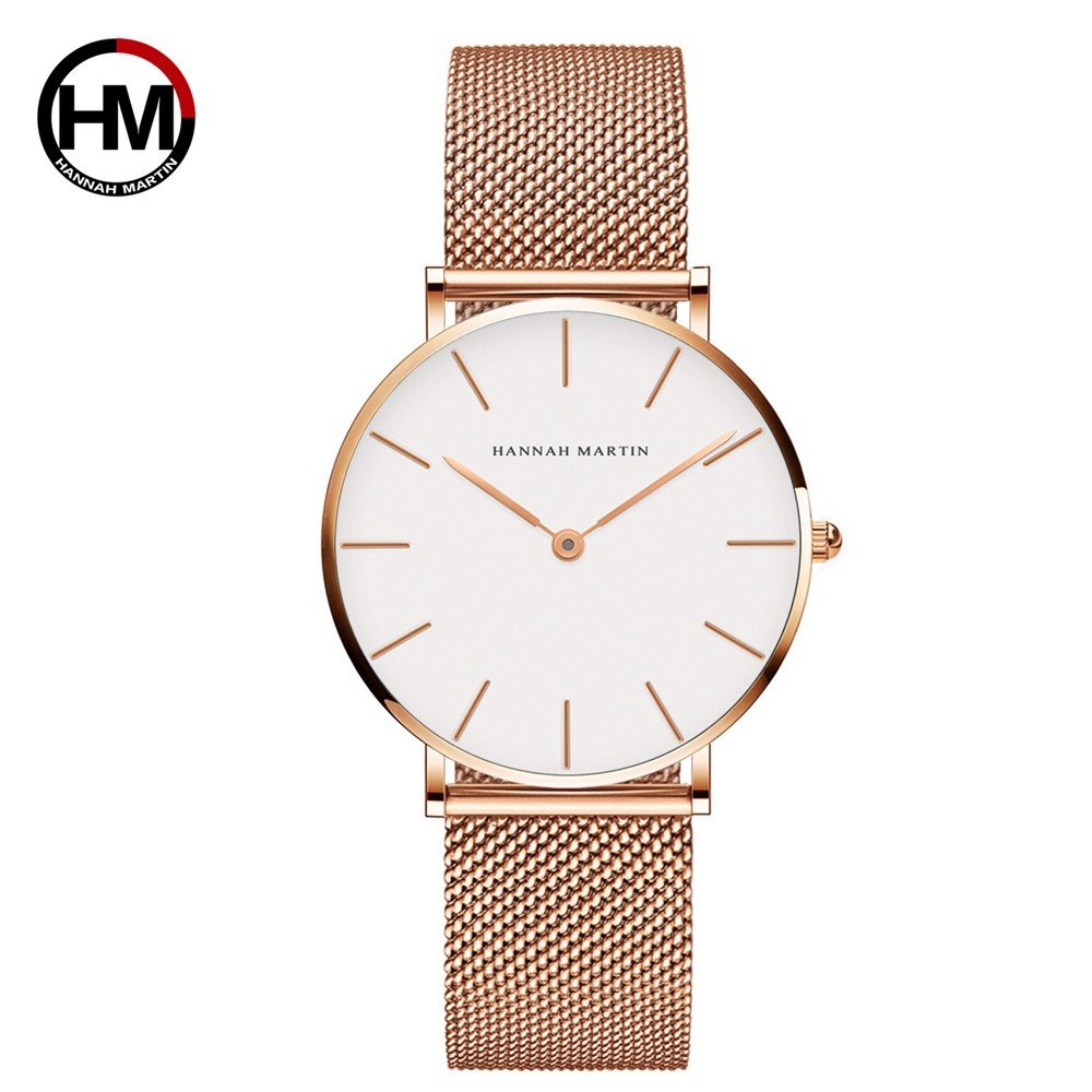 Japan Quartz Movement High Quality 36mm Hannah Martin Women Stainless Steel Mesh Rose Gold Waterproof Ladies Watch