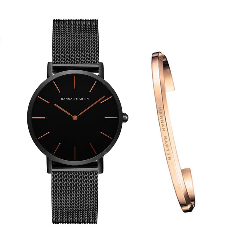 Japan Quartz Movement High Quality 36mm Hannah Martin Women Stainless Steel Mesh Rose Gold Waterproof Ladies Watch