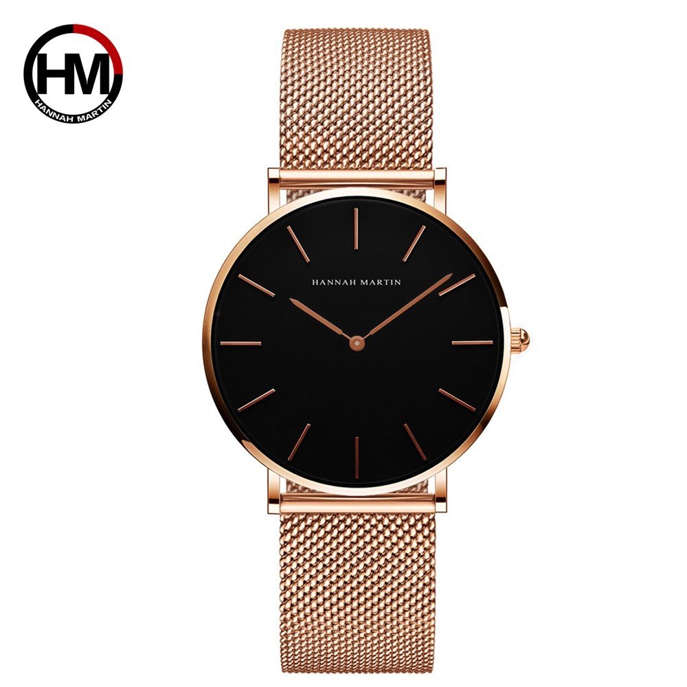 Japan Quartz Movement High Quality 36mm Hannah Martin Women Stainless Steel Mesh Rose Gold Waterproof Ladies Watch