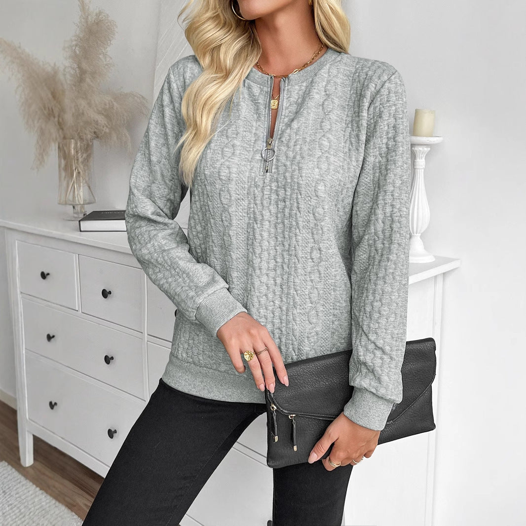 Women's Loose Casual Pullover Half Zipper Long Sleeve Solid Color Texture Round Neck Hoodie For Women