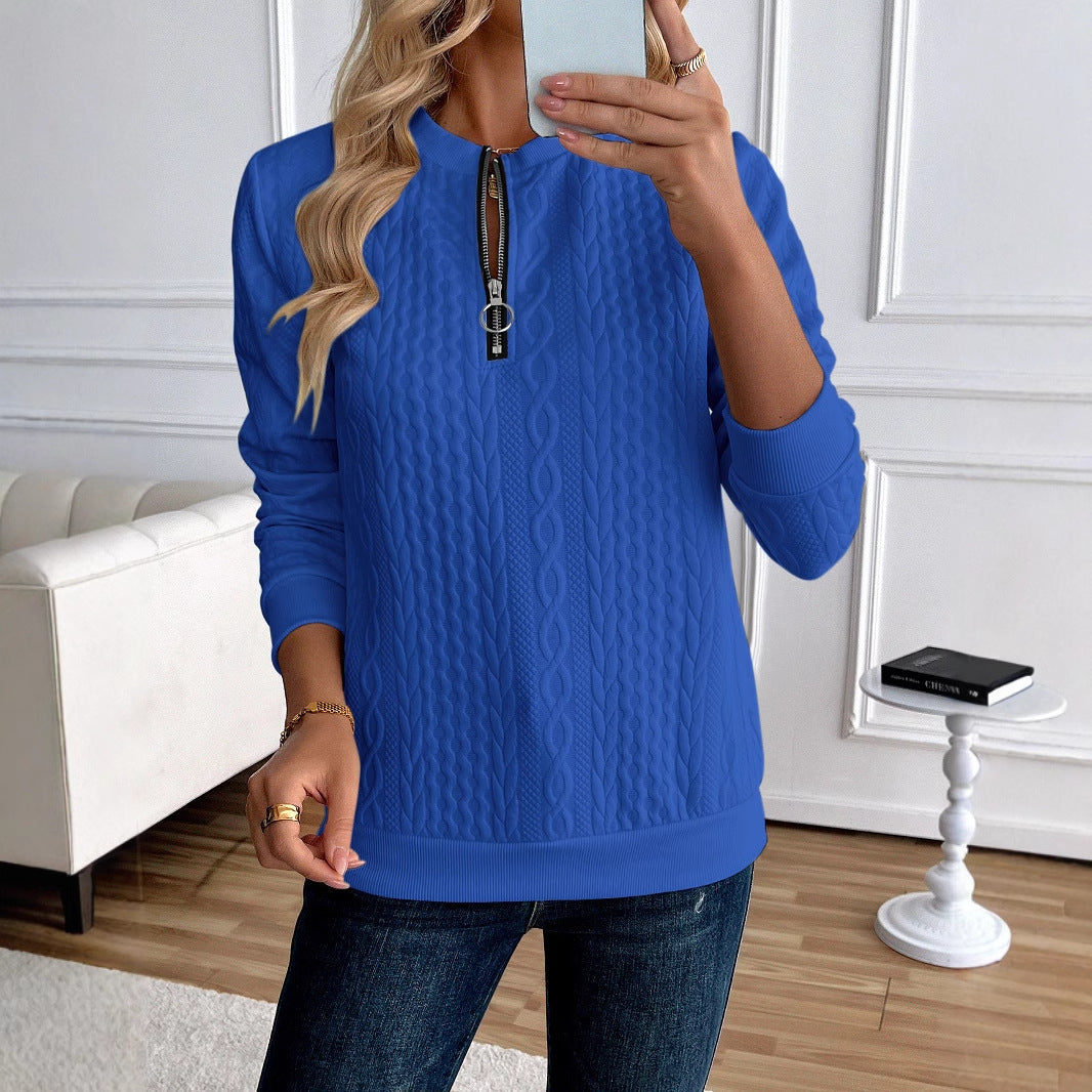 Women's Loose Casual Pullover Half Zipper Long Sleeve Solid Color Texture Round Neck Hoodie For Women