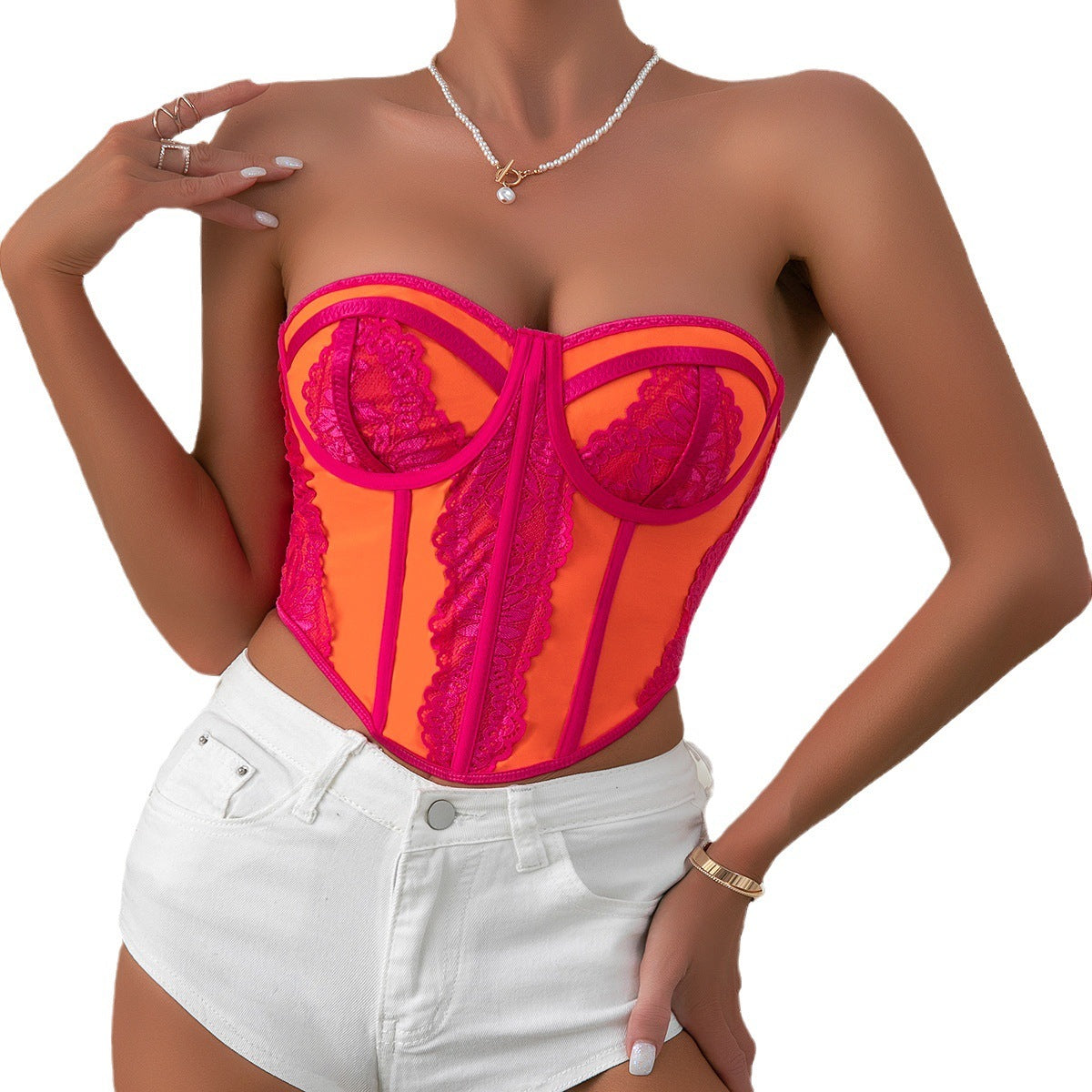 Low-cut Color Matching Wrapped Chest Lace Steel Ring Fishbone Top