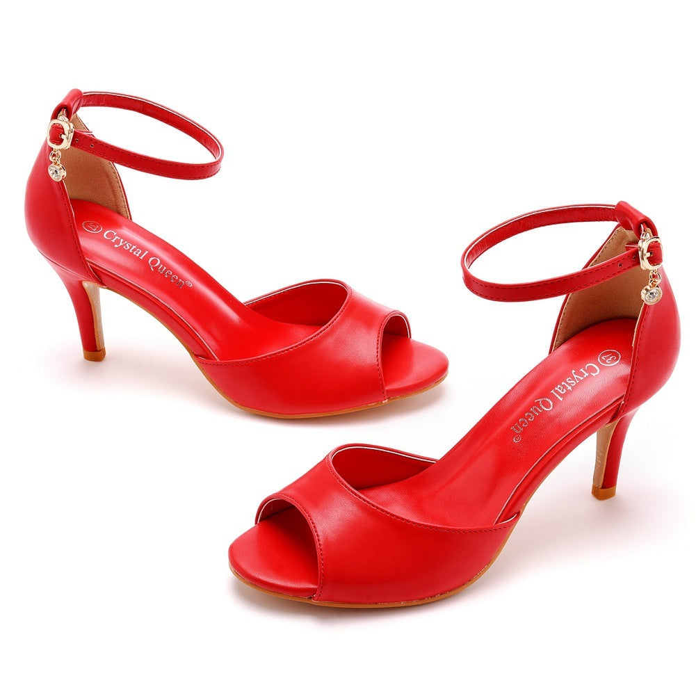 7cm Peep-toe High-heeled Sandals Shallow Mouth Buckle Plus Size