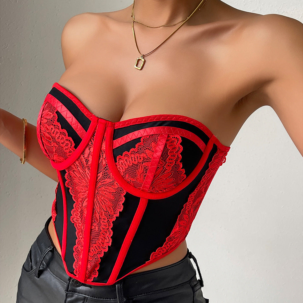 Low-cut Color Matching Wrapped Chest Lace Steel Ring Fishbone Top
