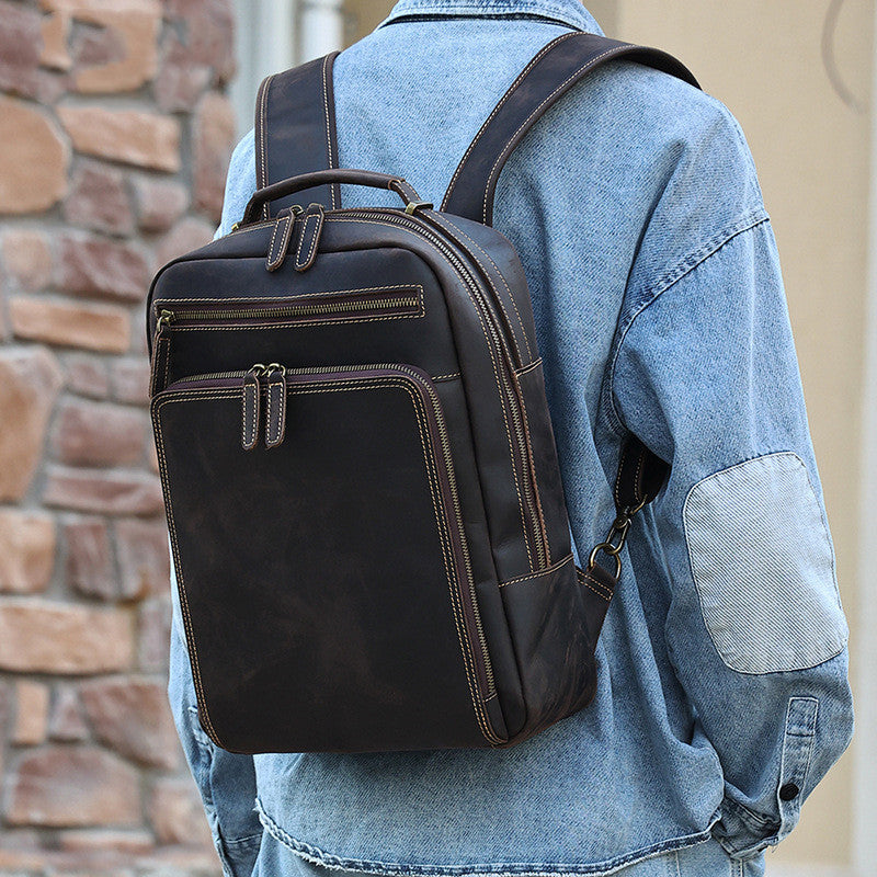 Backpack Men's Crazy Horse Leather Large Capacity